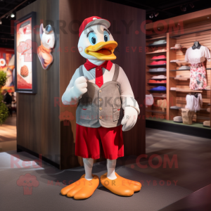 Red Muscovy Duck mascot costume character dressed with a Tank Top and Pocket squares