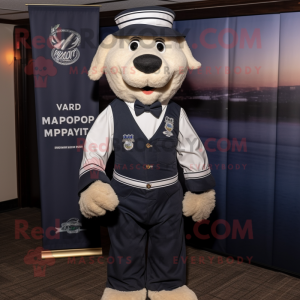Navy Shepard'S Pie mascot costume character dressed with a Dress Shirt and Suspenders