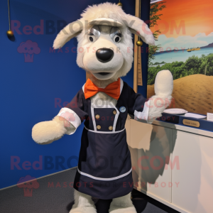 Navy Shepard'S Pie mascot costume character dressed with a Dress Shirt and Suspenders