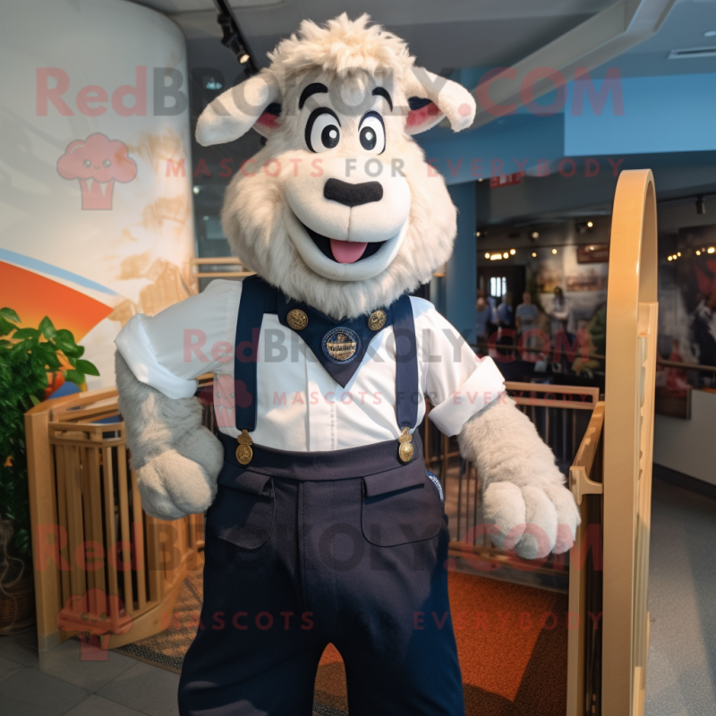 Navy Shepard'S Pie mascot costume character dressed with a Dress Shirt and Suspenders