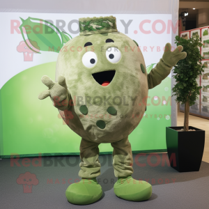 Olive Meatballs mascot costume character dressed with a Button-Up Shirt and Foot pads