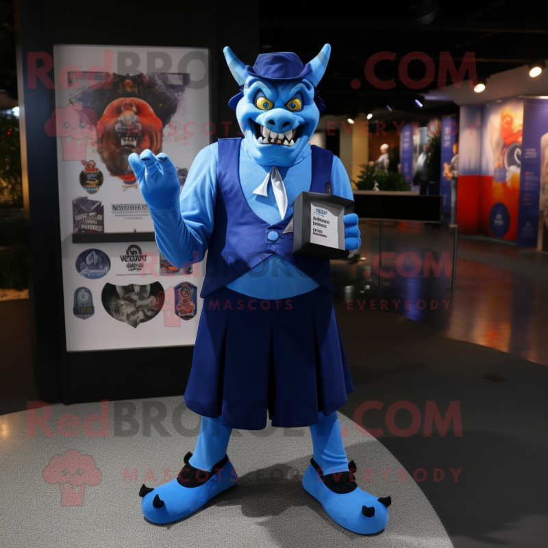 Blue Demon mascot costume character dressed with a Dress Pants and Wallets