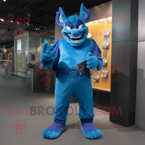 Blue Demon mascot costume character dressed with a Dress Pants and Wallets