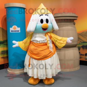 Cream Mandarin mascot costume character dressed with a Maxi Skirt and Backpacks