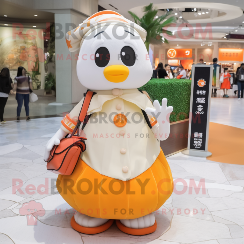 Cream Mandarin mascot costume character dressed with a Maxi Skirt and Backpacks