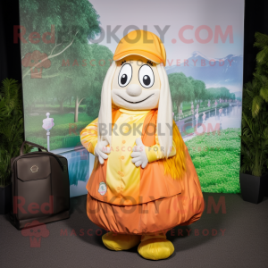 Cream Mandarin mascot costume character dressed with a Maxi Skirt and Backpacks