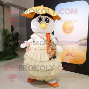 Cream Mandarin mascot costume character dressed with a Maxi Skirt and Backpacks