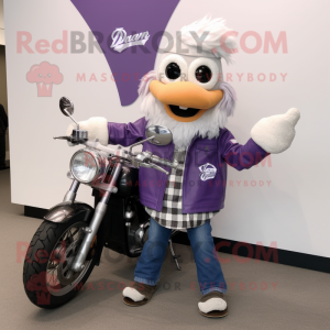 Lavender Chief mascot costume character dressed with a Biker Jacket and Scarves