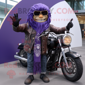 Lavender Chief mascot costume character dressed with a Biker Jacket and Scarves