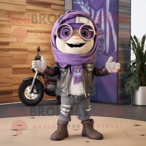Lavender Chief mascot costume character dressed with a Biker Jacket and Scarves