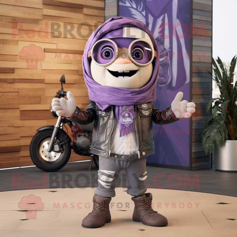 Lavender Chief mascot costume character dressed with a Biker Jacket and Scarves Lavender Chief mascot costume character dressed with a Biker Jacket and Scarves