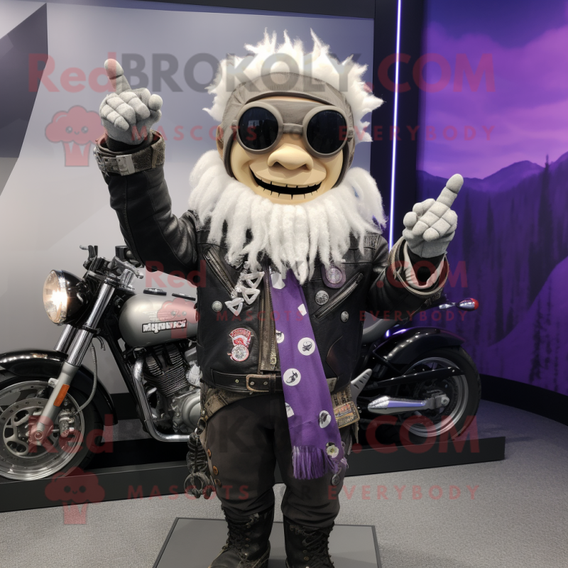 Lavender Chief mascot costume character dressed with a Biker Jacket and Scarves