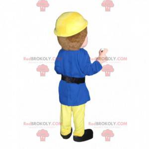 Rescue worker mascot with a yellow helmet and a small ax -