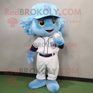 Sky Blue Baseball Ball mascot costume character dressed with a Overalls and Hair clips