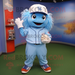 Sky Blue Baseball Ball mascot costume character dressed with a Overalls and Hair clips