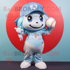Sky Blue Baseball Ball mascot costume character dressed with a Overalls and Hair clips