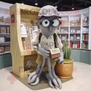 Gray Squid mascot costume character dressed with a Cargo Pants and Reading glasses