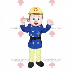 Rescue worker mascot with a yellow helmet and a small ax -