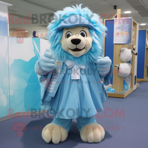 Sky Blue Tamer Lion mascot costume character dressed with a Wrap Skirt and Caps
