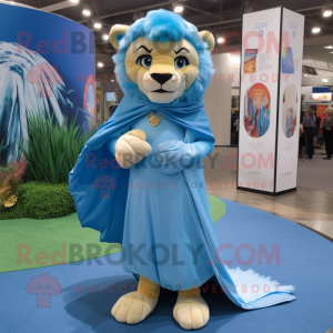 Sky Blue Tamer Lion mascot costume character dressed with a Wrap Skirt and Caps