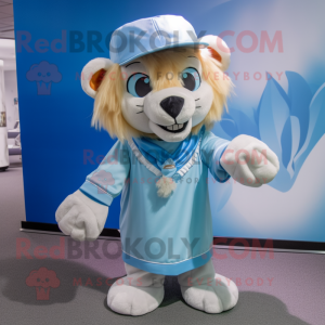 Sky Blue Tamer Lion mascot costume character dressed with a Wrap Skirt and Caps