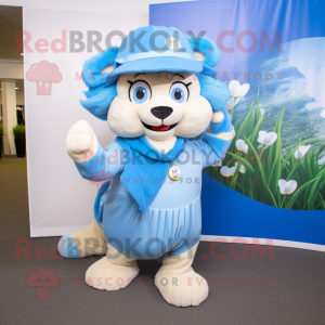 Sky Blue Tamer Lion mascot costume character dressed with a Wrap Skirt and Caps