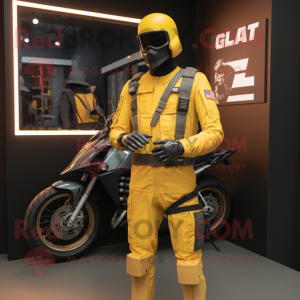 Yellow Gi Joe mascot costume character dressed with a Biker Jacket and Digital watches
