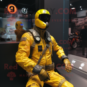 Yellow Gi Joe mascot costume character dressed with a Biker Jacket and Digital watches