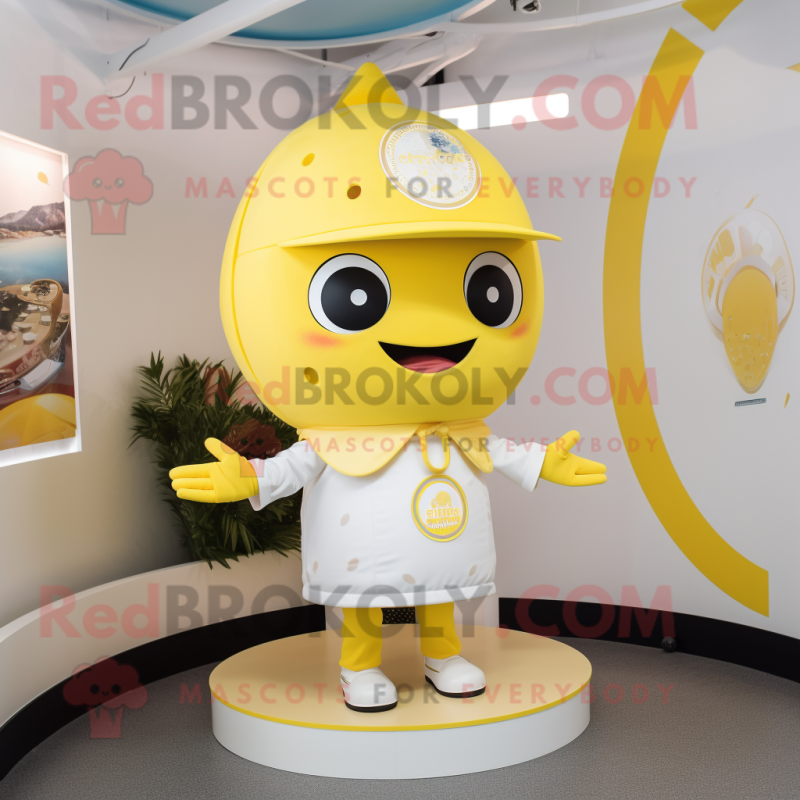 Lemon Yellow Gyro mascot costume character dressed with a Playsuit and Caps Lemon Yellow Gyro mascot costume character dressed with a Playsuit and Caps