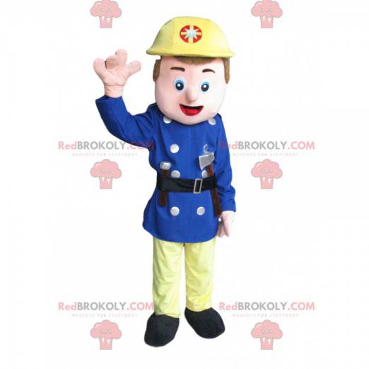 Rescue worker mascot with a yellow helmet and a small ax -
