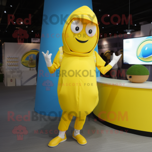 Lemon Yellow Gyro mascot costume character dressed with a Playsuit and Caps