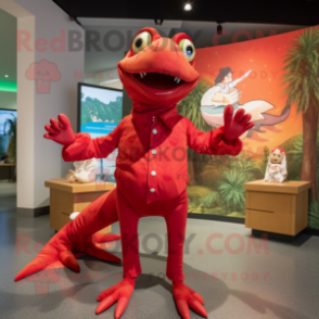 Red Dimorphodon mascot costume character dressed with a Romper and Cummerbunds