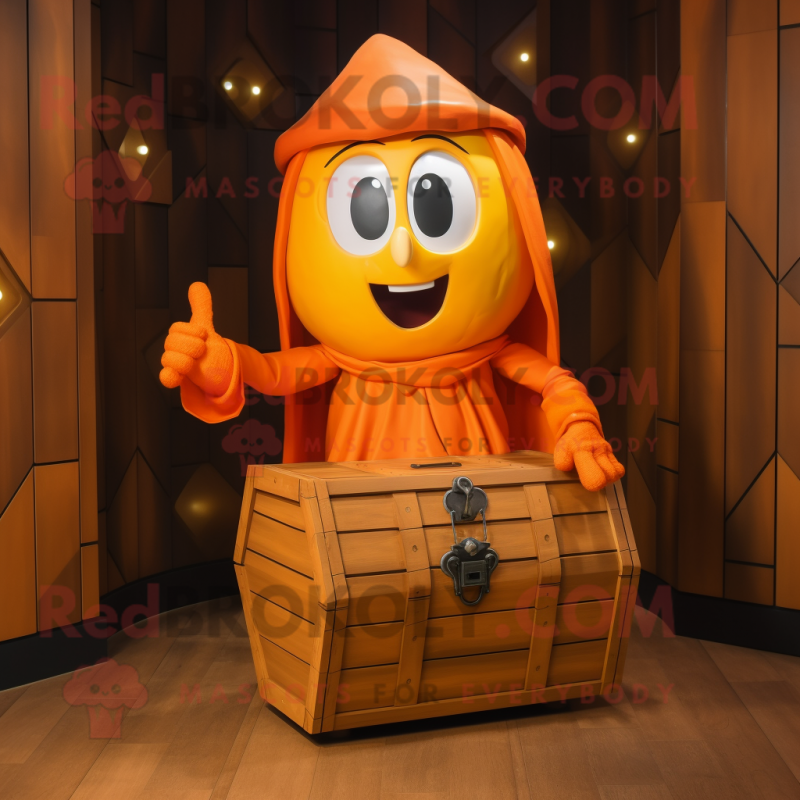 Orange Treasure Chest mascot costume character dressed with a Culottes and Wraps