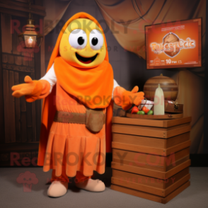 Orange Treasure Chest mascot costume character dressed with a Culottes and Wraps