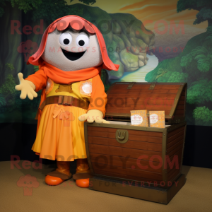 Orange Treasure Chest mascot costume character dressed with a Culottes and Wraps