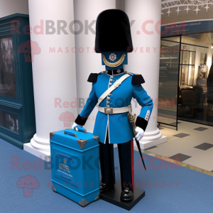 Cyan British Royal Guard mascot costume character dressed with a Empire Waist Dress and Briefcases