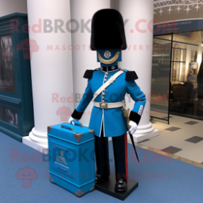Cyan British Royal Guard mascot costume character dressed with a Empire Waist Dress and Briefcases
