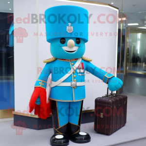 Cyan British Royal Guard mascot costume character dressed with a Empire Waist Dress and Briefcases