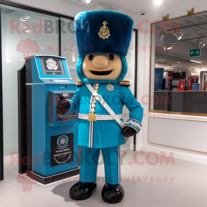 Cyan British Royal Guard mascot costume character dressed with a Empire Waist Dress and Briefcases