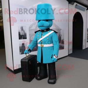 Cyan British Royal Guard mascot costume character dressed with a Empire Waist Dress and Briefcases