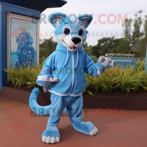 Sky Blue Thylacosmilus mascot costume character dressed with a Long Sleeve Tee and Shoe clips