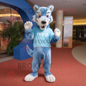 Sky Blue Thylacosmilus mascot costume character dressed with a Long Sleeve Tee and Shoe clips