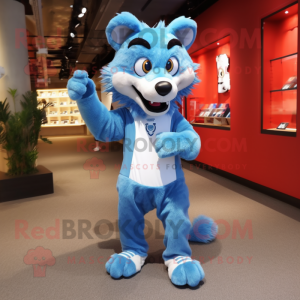 Sky Blue Thylacosmilus mascot costume character dressed with a Long Sleeve Tee and Shoe clips