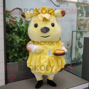Lemon Yellow Beef Wellington mascot costume character dressed with a Blouse and Brooches