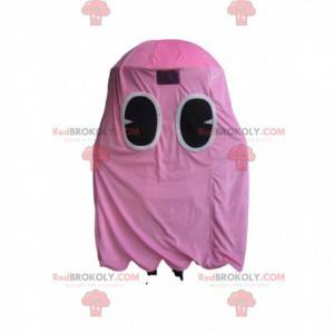 Maskot růžového ducha Pacmana, žlutý charakter videohry -