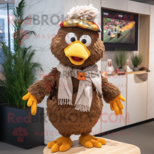 Brown Chicken mascot costume character dressed with a Cardigan and Beanies