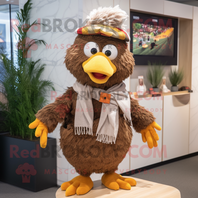 Brown Chicken mascot costume character dressed with a Cardigan and Beanies Brown Chicken mascot costume character dressed with a Cardigan and Beanies