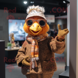 Brown Chicken mascot costume character dressed with a Cardigan and Beanies