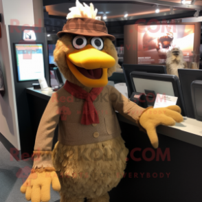 Brown Chicken mascot costume character dressed with a Cardigan and Beanies