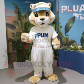 Cream Puma mascot costume character dressed with a Pleated Skirt and Hats